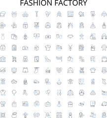 Fashion factory outline icons collection. Fashion, Factory, Garment, Clothing, Manufacturing, Textile, Style vector illustration set. Design, Outfit, Sewing linear signs