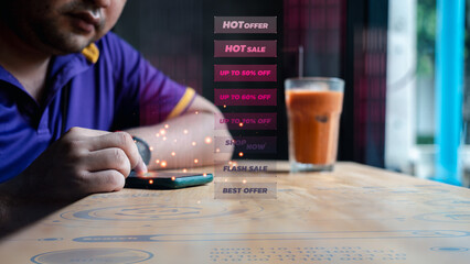 Men using smartphones for shopping online with many promotions, virtual icons graphics interface on table and screen. Marketing business concept on the virtual screen interface icons.