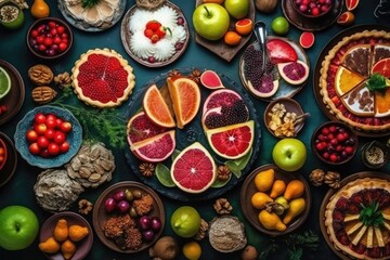 colorful fruit platter on a wooden table. Generative AI