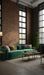 A unique and captivating living room design: A brown-themed decor with a bold green color couch that steals the show
