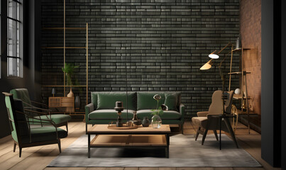 This modern living room features a unique and captivating design with a brown-themed decor and a striking green color couch