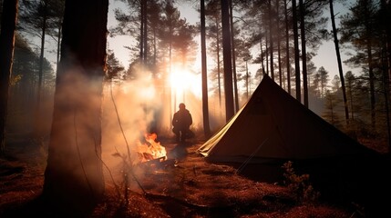 Glamping. Tent in a coniferous forest, near a campfire. Hiking, sunny rays and forest. Generative AI