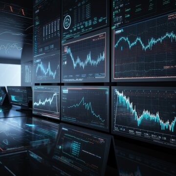 Futuristic screens showing charts