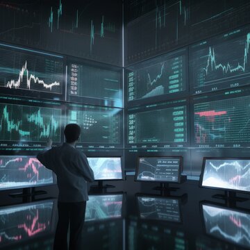 Futuristic screens showing charts