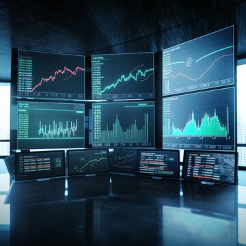 Futuristic screens showing charts