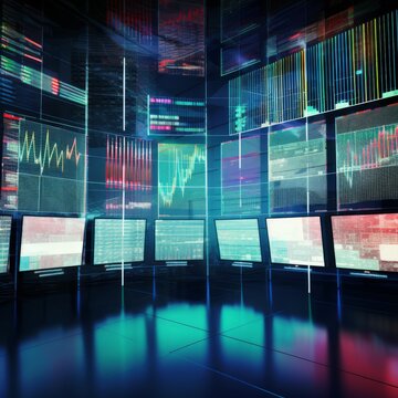Futuristic screens showing charts