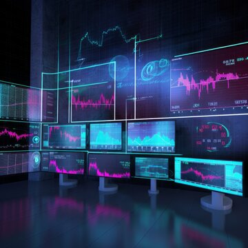 Futuristic screens showing charts
