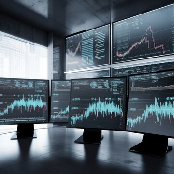 Futuristic screens showing charts