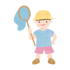 虫取り網を持った男の子な水彩画風手描きイラスト