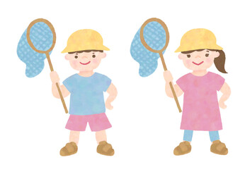 虫取り網を持った男女の水彩画風手描きイラストセット