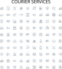 Courier services outline icons collection. Courier, Services, Delivery, Shipping, Logistics, Mail, Packaging vector illustration set. Transport, Freight, Express linear signs