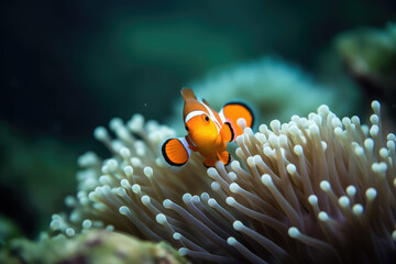 Naklejka na ściany i meble clown fishes on an anemone underwater reef in the tropical ocean, generative AI