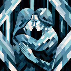 a geometric painting of a couple hugging, ai