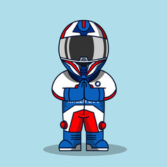 Cute racer with hand gesture apologizing vector illustration.