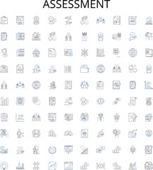 Assessment outline icons collection. testing, evaluation, examination, appraisal, grading, survey, rating vector illustration set. measuring, analyse, measure linear signs