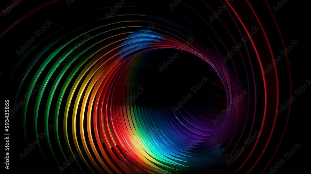 Wall mural a fresnel array of colorful stripes in a rainbow shape against a mono black background. generative a