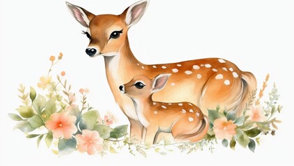 Digital watercolor painting captures adorable baby deer and mother