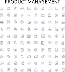 Product management outline icons collection. Product, Management, Development, Strategy, Design, Analysis, Sourcing vector illustration set. Innovation, Quality, Planning linear signs