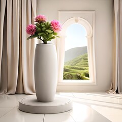 3D display podium beige background with curtain. Pink flower in stone vase. Nature Blossom minimal pedestal for beauty, cosmetic product presentation. Summer and spring copy space template 3d render