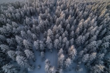 aerial winter landscape of snow covered forest. Generative AI