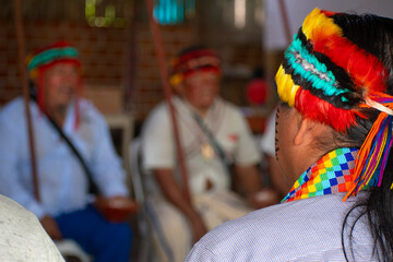 Indigenous people Achuar on a ceremony in the peruvian rainforest