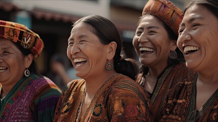Naklejka premium Group of laughing Latin-American indigenous mature women. Generative AI