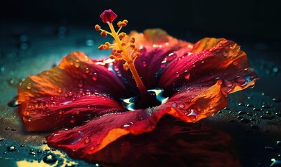  a red flower with water droplets on it's petals.  generative ai