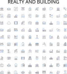 Realty and building outline icons collection. Realty, Building, Estate, Property, Land, Investment, Construction vector illustration set. House, Home, Mortgage linear signs