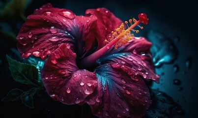 Plakat a red flower with water droplets on it's petals. generative ai