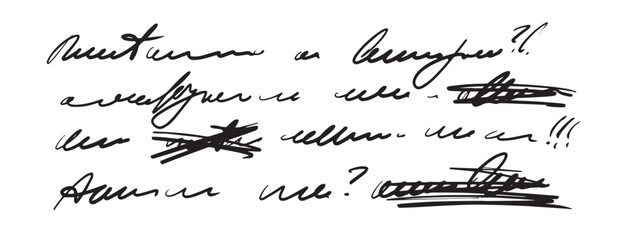 Handwritten text, letter draft, verses on a sheet of paper, handwritten vintage message with errors and blots. Vector illustration, drawing with a pen, pencil, marker.