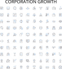 Corporation growth outline icons collection. Corporate, Growth, Expansion, Development, Prosperity, Profit, Merger vector illustration set. Acquisition, Advancement, Investing linear signs
