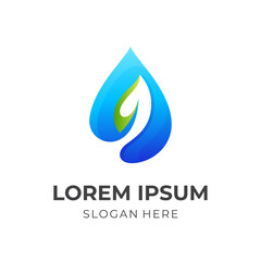 nature water logo design, water and leaf combination logo with 3d blue and green color style