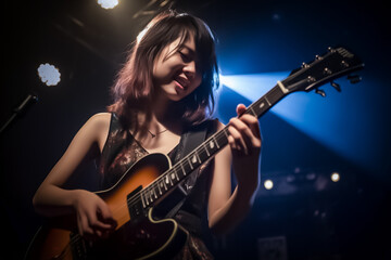 Obraz na płótnie Canvas On stage, a 20 year old Japanese girl plays the guitar as she's surrounded by a crowd of cheering fans. generative AI