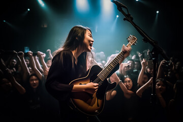 Obraz na płótnie Canvas On stage, a 20 year old Japanese girl plays the guitar as she's surrounded by a crowd of cheering fans. generative AI