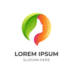 nature beauty logo template, face and leaf combination logo with 3d orange and green color style