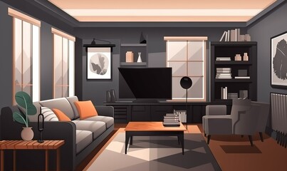  a living room with a couch, chair, coffee table and television.  generative ai