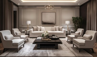  a living room filled with furniture and a painting on the wall.  generative ai