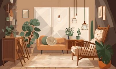  a living room with a couch, chair and potted plants.  generative ai
