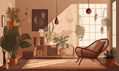  a living room with a chair, potted plants and a window.  generative ai