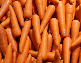 Bundles of homegrown healthy organic carrots at fresh market store, advertisement backgrounds