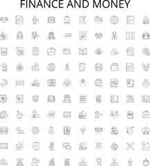 Finance and money outline icons collection. Money, Finance, Banking, Investment, Credit, Debt, Interest vector illustration set. Tax, Earnings, Cryptocurrency linear signs