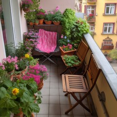 Fototapeta na wymiar Chilling balcony with flowers and trees. For relaxing