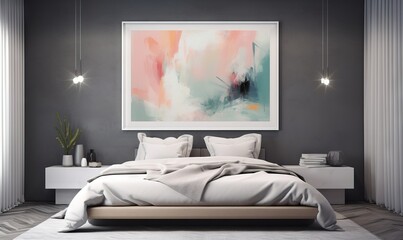  a bedroom with a large painting on the wall above the bed.  generative ai