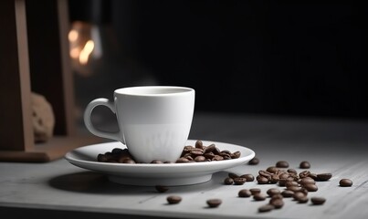  a white cup and saucer with coffee beans on a table.  generative ai