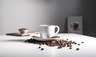  a white cup and saucer filled with coffee beans on a white table.  generative ai