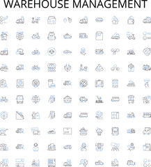 Warehouse management outline icons collection. Warehousing, Inventory, Logistics, Dispatch, Automation, Ergonomics, Processes vector illustration set. Fleet, Delivery, Compliance linear signs