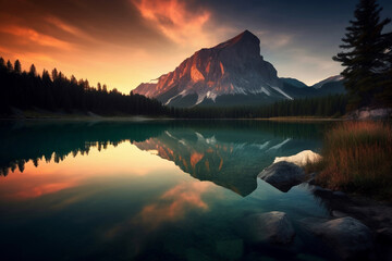 Fototapeta na wymiar sunset over the mountains with lake