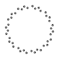 Pads of cat paws round frame. Animal paw prints on ground. Pets and wild animals. Simple black and white vector isolated on white background