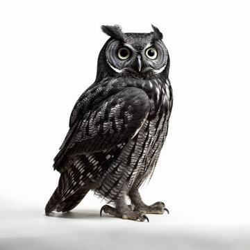 Black owl portrait, photo studio on white background, generative ai