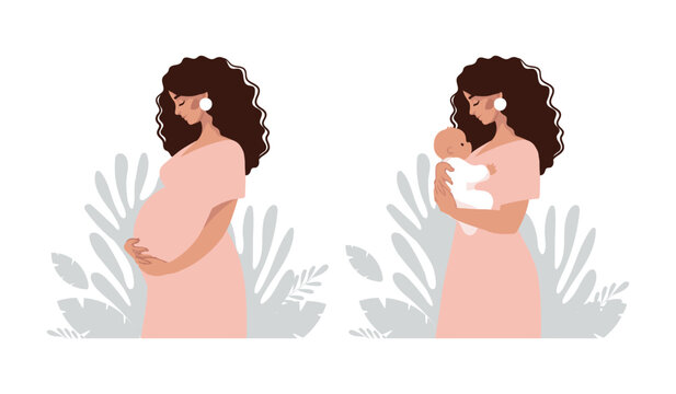 Pregnant woman, young mother with baby, motherhood and family illustration set. Flat cartoon vector illustration isolated on white background.